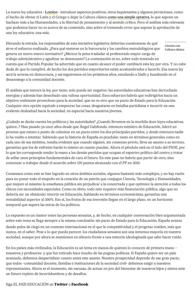 Artículo sobre la nueva ley educativa Lomloe | Por Antonio Penadés